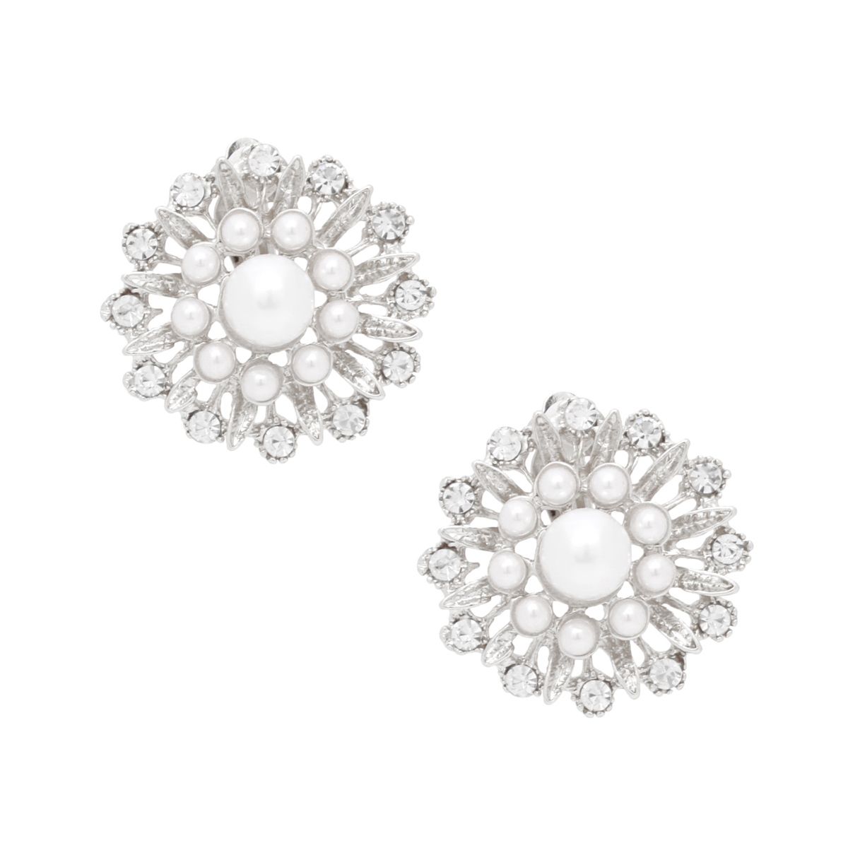 Vintage Inspired Silver Filigree Earrings Clip On Pearl Rhinestone | Costume Jewelry