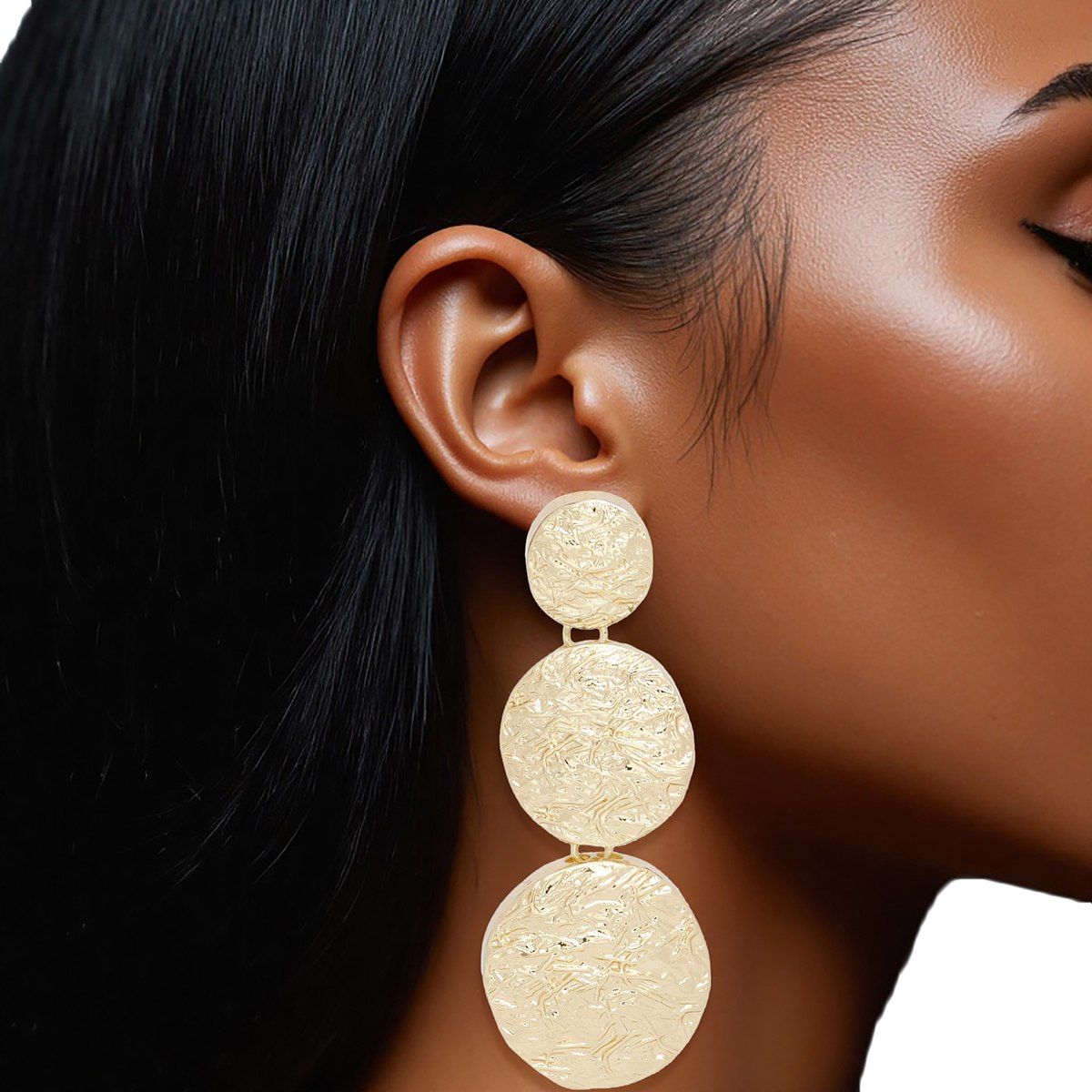 Triple Linked Round Disc Drop Clip On Earrings Bold Gold Texture