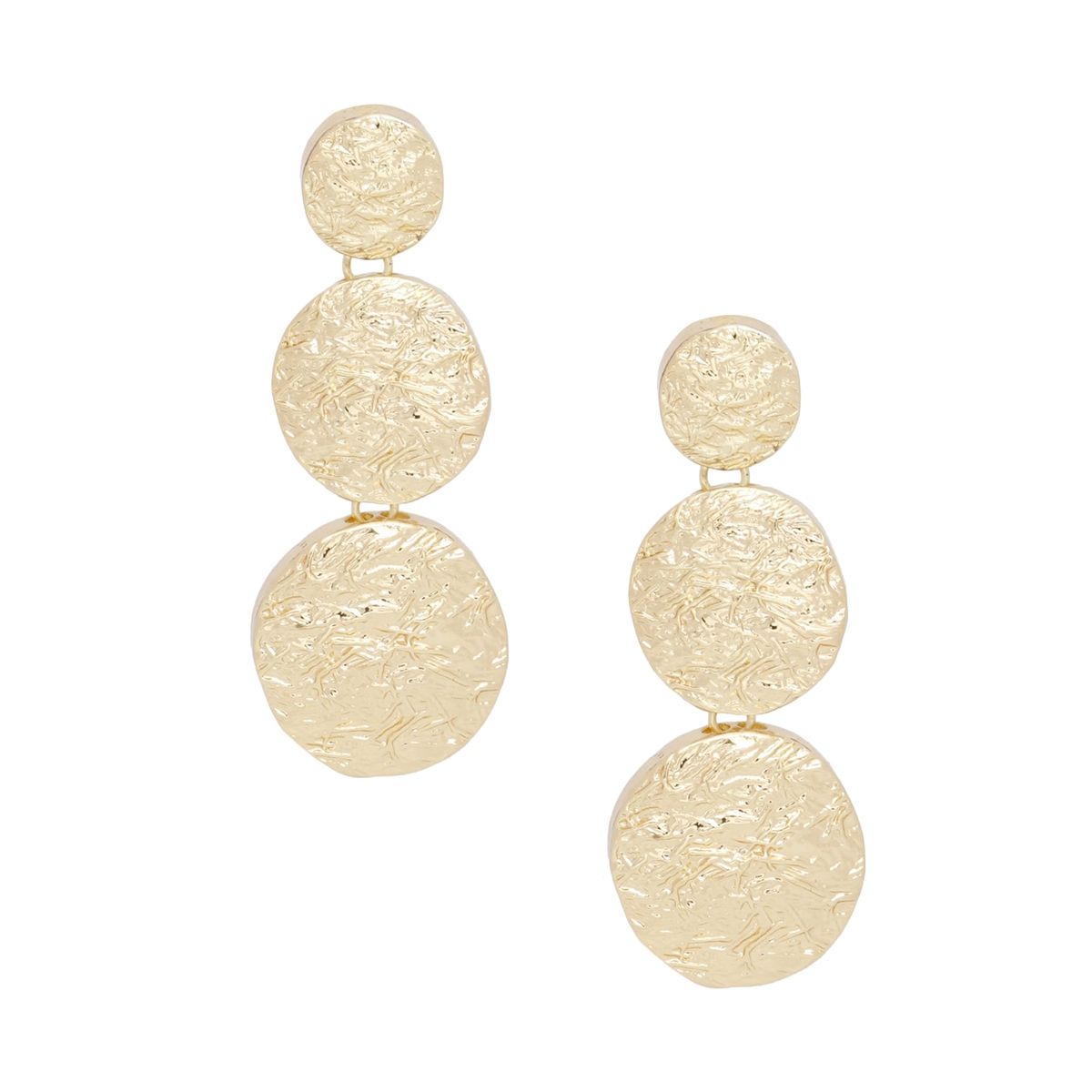 Triple Linked Round Disc Drop Clip On Earrings Bold Gold Texture