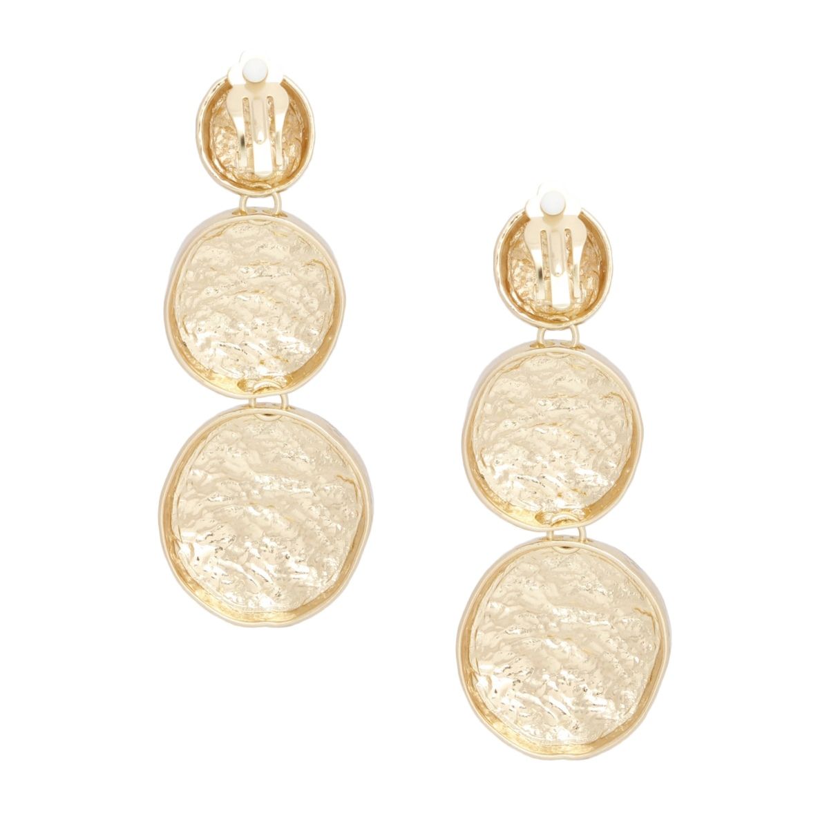 Triple Linked Round Disc Drop Clip On Earrings Bold Gold Texture