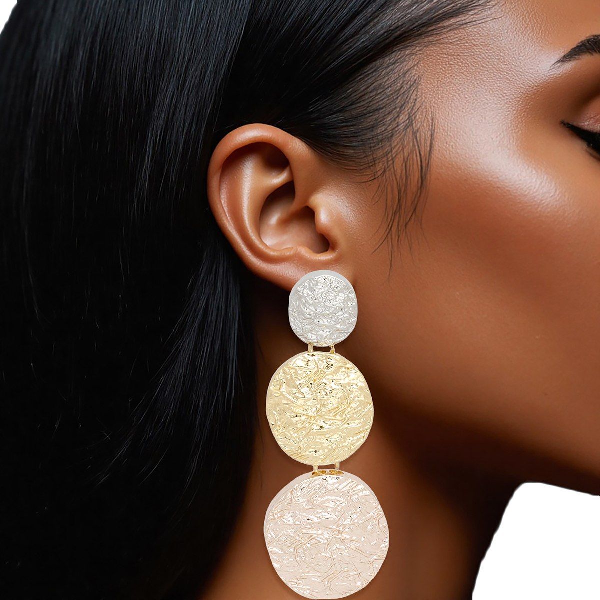 Triple Linked Round Disc Drop Clip On Earrings Bold Multicolor Texture