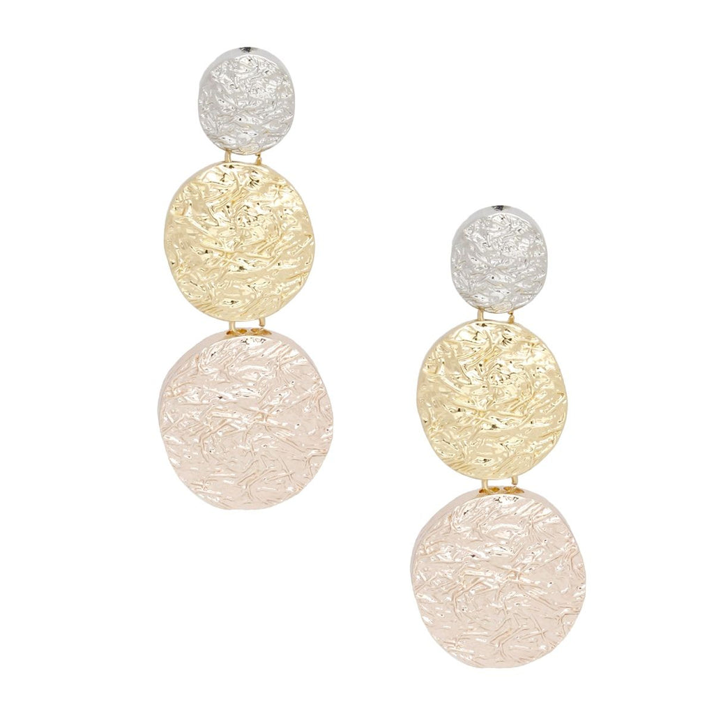 Triple Linked Round Disc Drop Clip On Earrings Bold Multicolor Texture