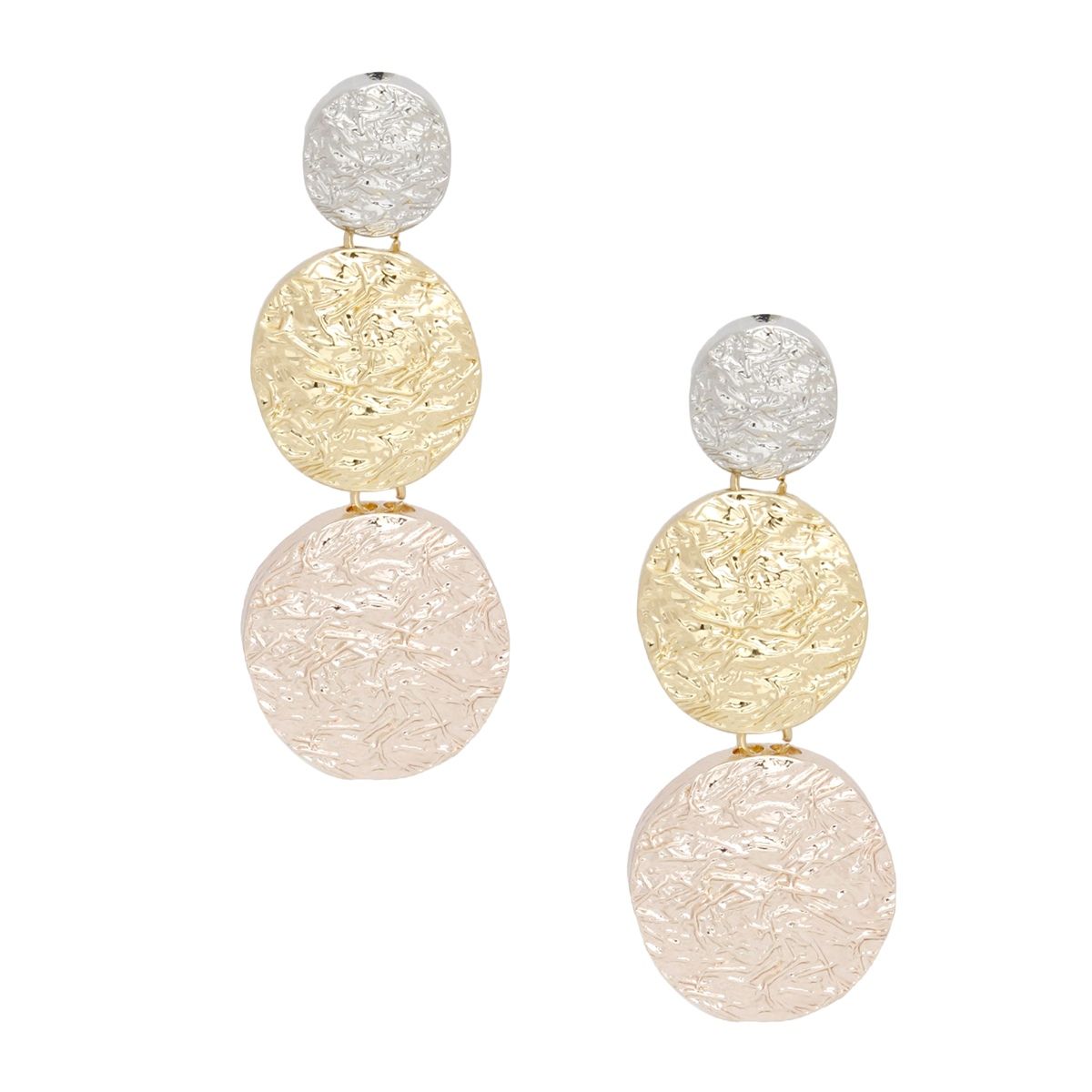 Triple Linked Round Disc Drop Clip On Earrings Bold Multicolor Texture
