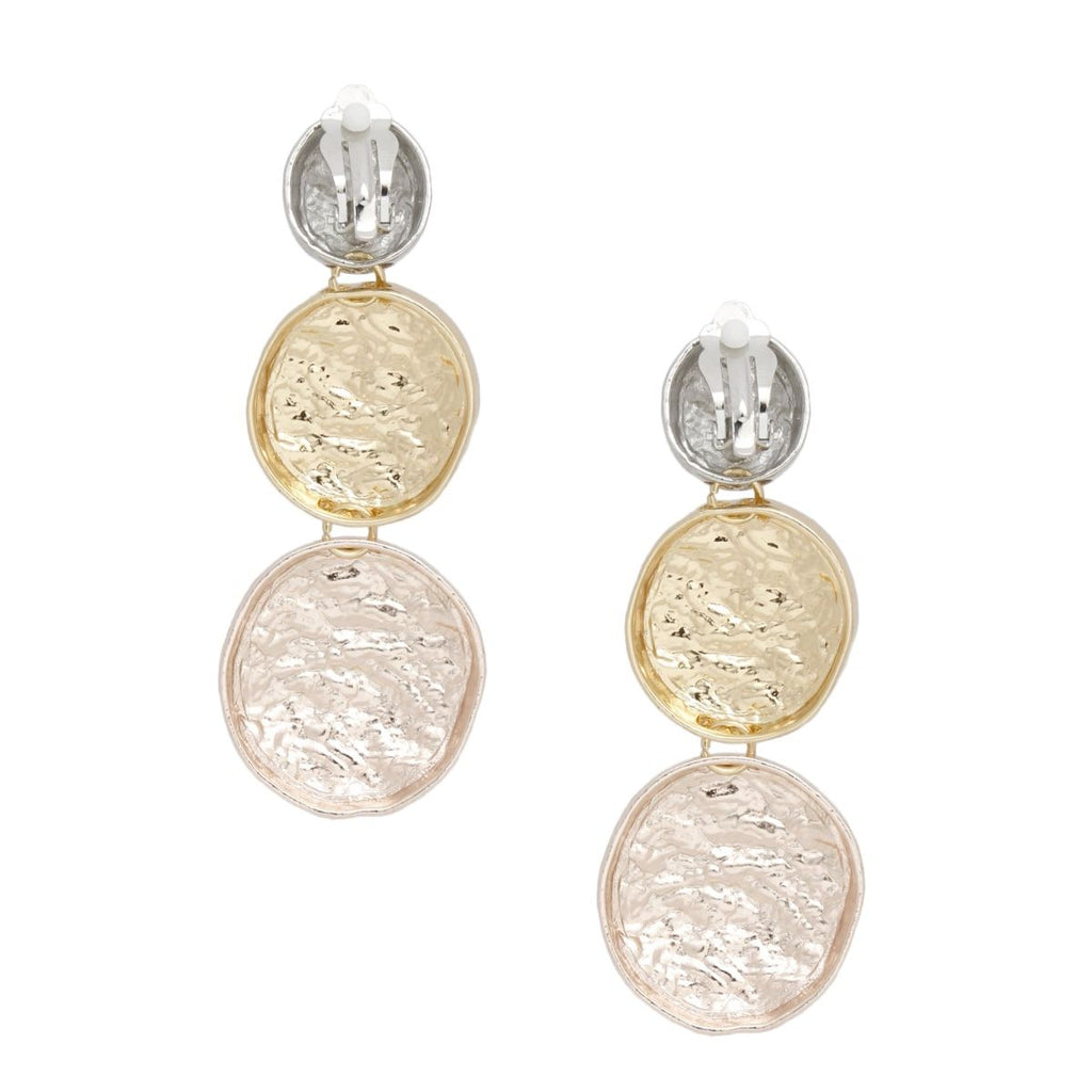 Triple Linked Round Disc Drop Clip On Earrings Bold Multicolor Texture