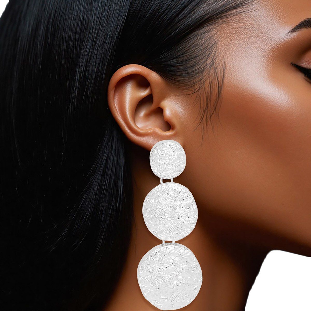 Triple Linked Round Disc Drop Clip On Earrings Bold Silver Texture