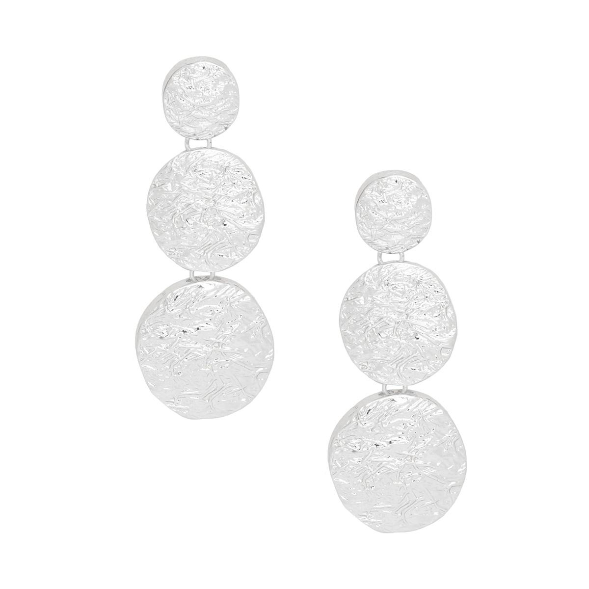 Triple Linked Round Disc Drop Clip On Earrings Bold Silver Texture