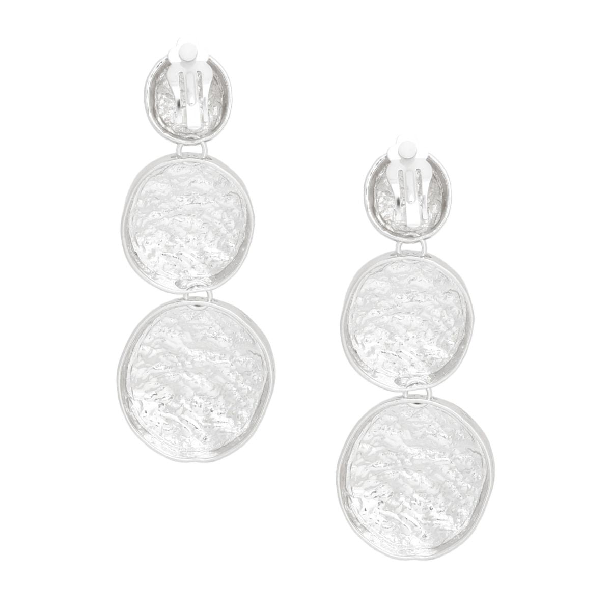 Triple Linked Round Disc Drop Clip On Earrings Bold Silver Texture
