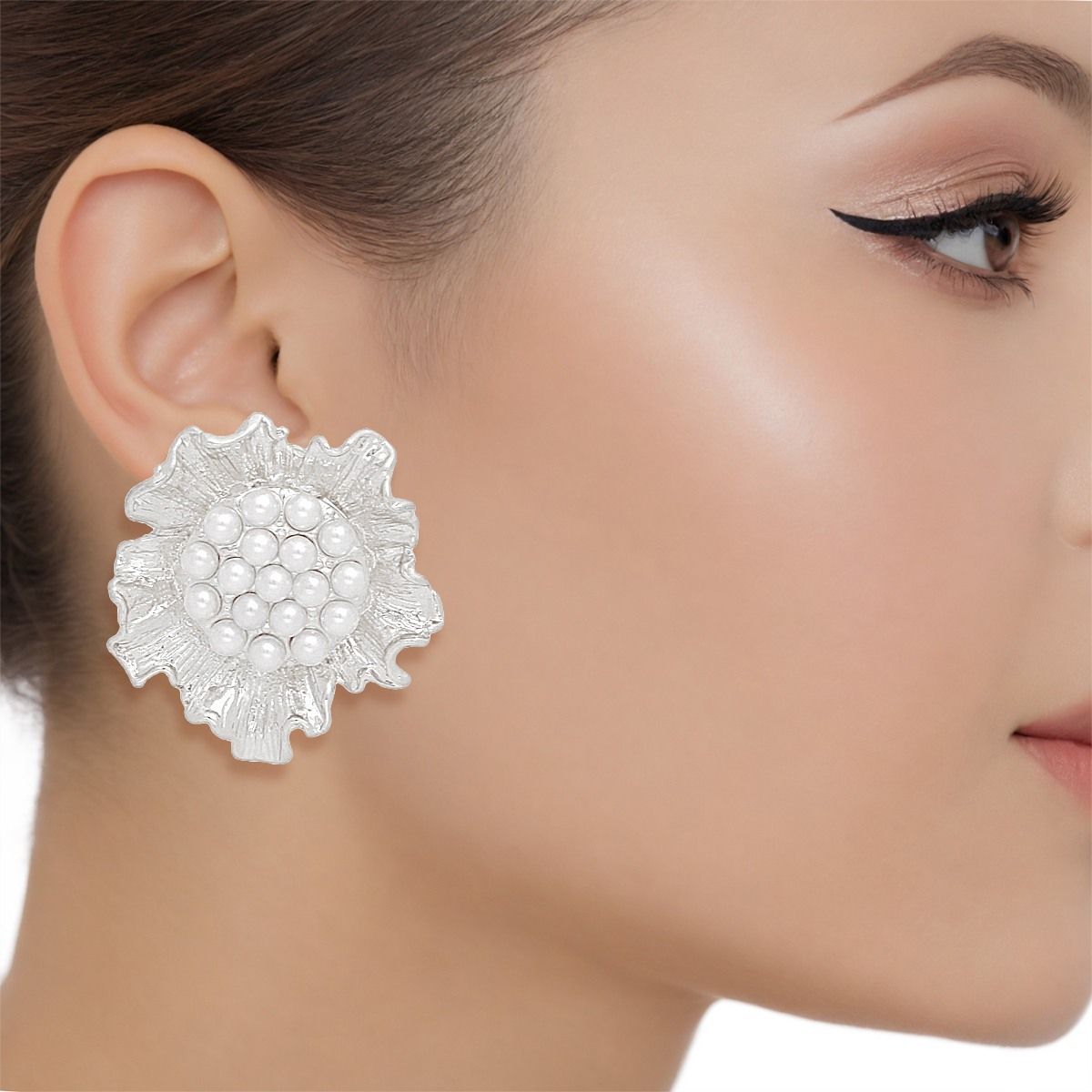 Silver Floral Pearl Clip-On Earrings Vintage Style Statement Fashion Jewelry