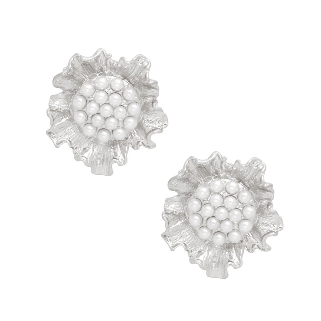 Silver Floral Pearl Clip-On Earrings Vintage Style Statement Fashion Jewelry