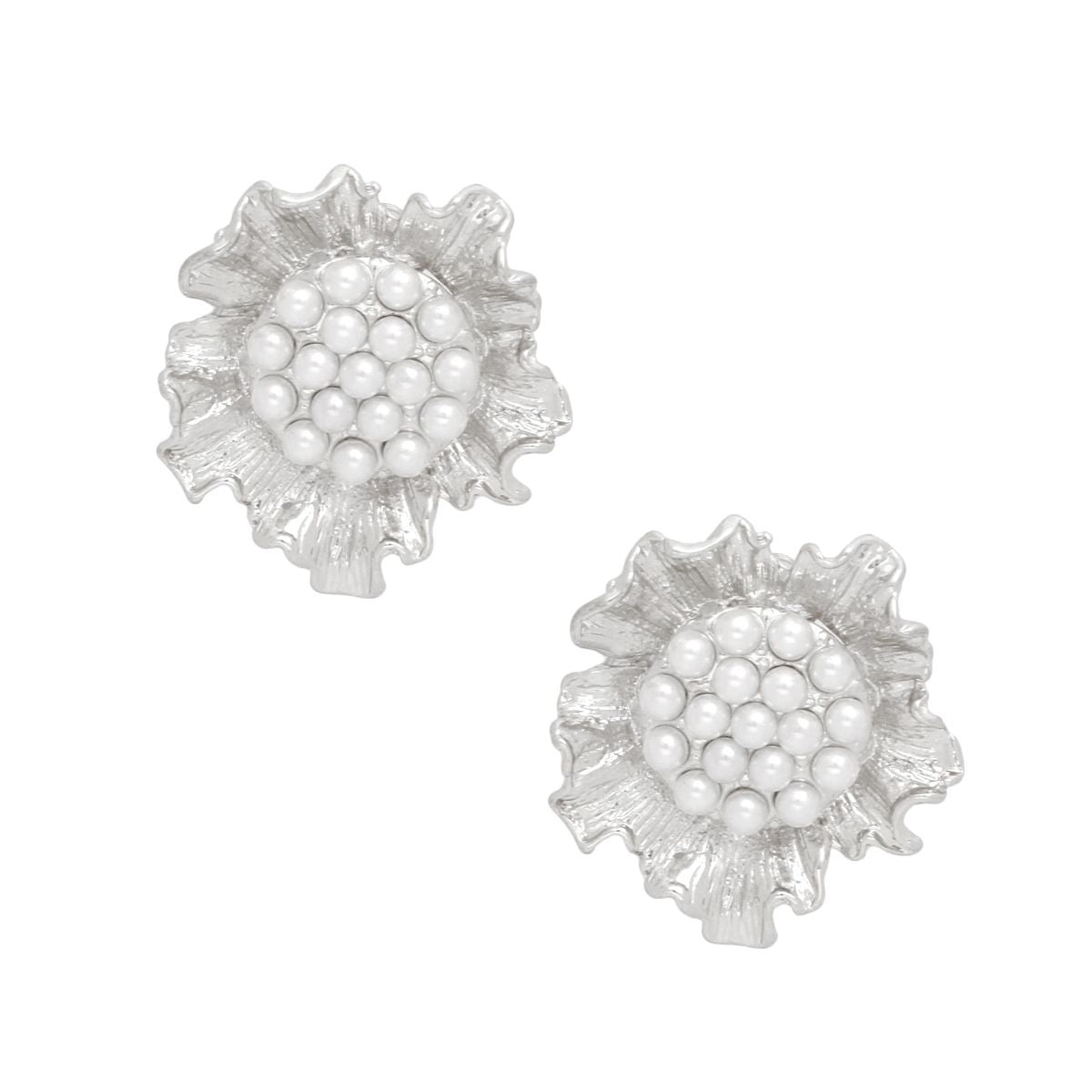 Silver Floral Pearl Clip-On Earrings Vintage Style Statement Fashion Jewelry