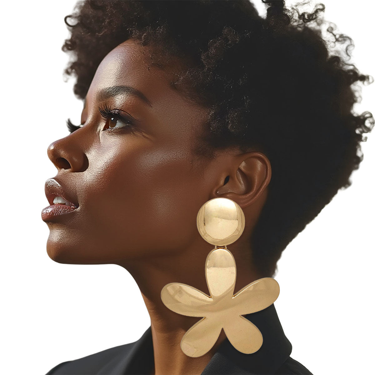 Clip On Gold Disc Flower Earrings Extra Large Paddle-Back Heavyweight Statement
