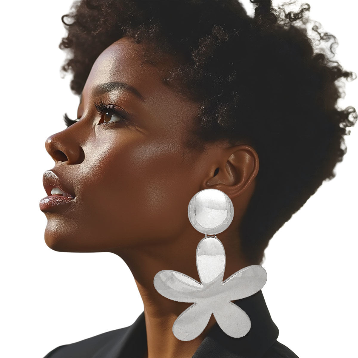 Clip On Silver Disc Flower Earrings Extra Large Paddle-Back Heavyweight Statement