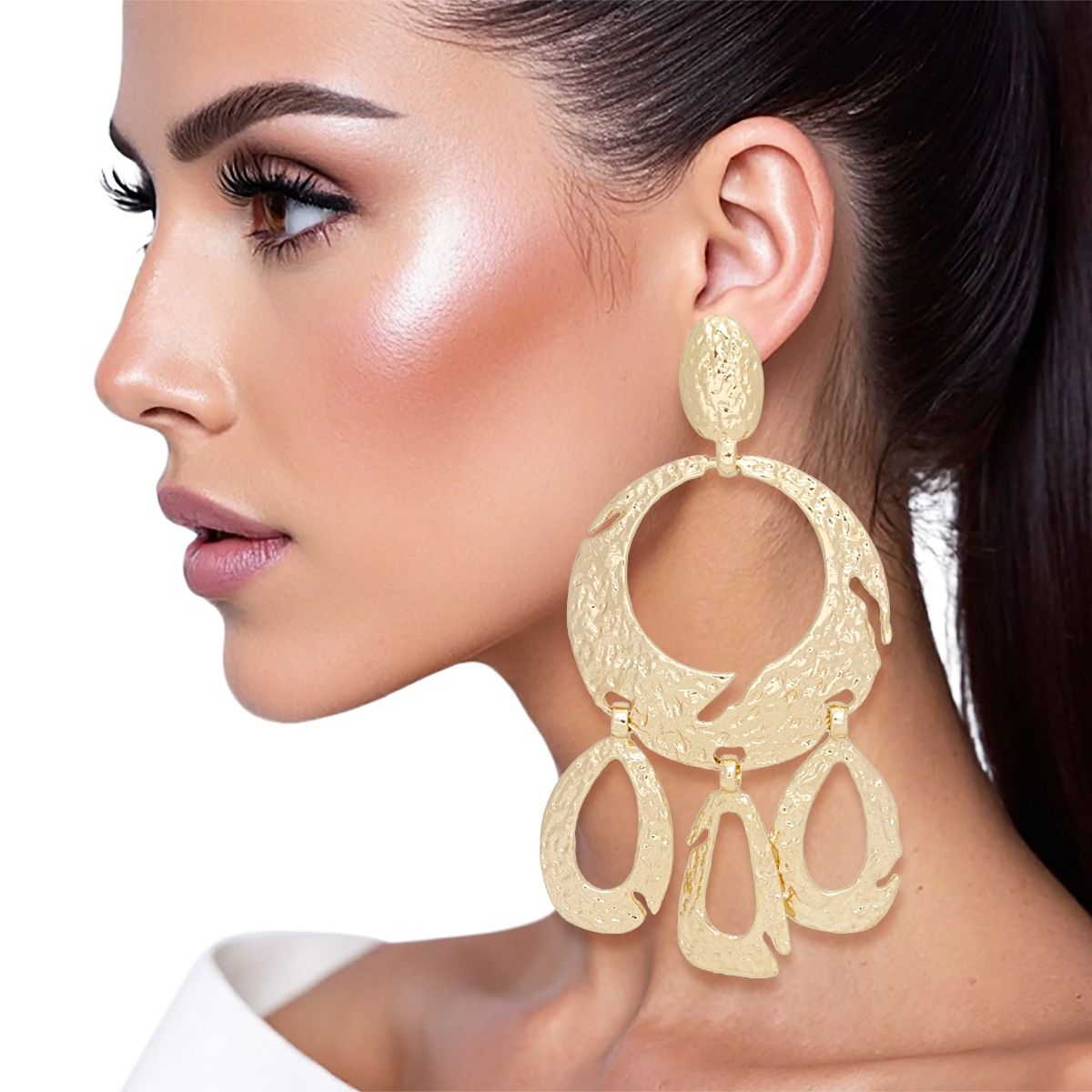 Hammered Gold Clip On Statement Earrings Extra Large Bold Drop