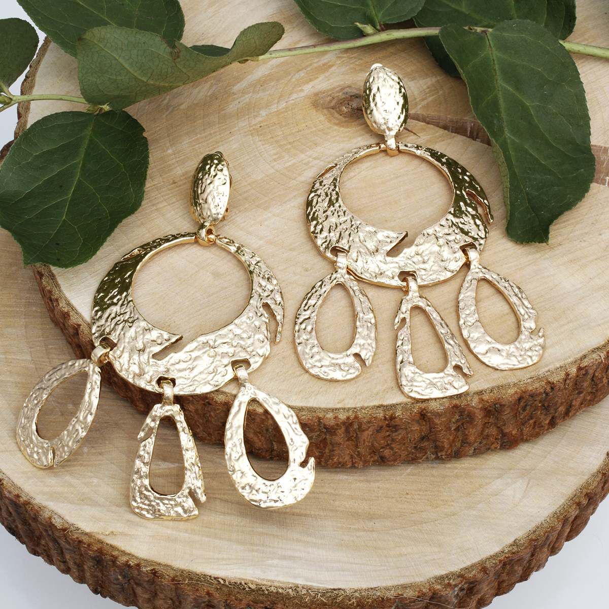 Hammered Gold Clip On Statement Earrings Extra Large Bold Drop