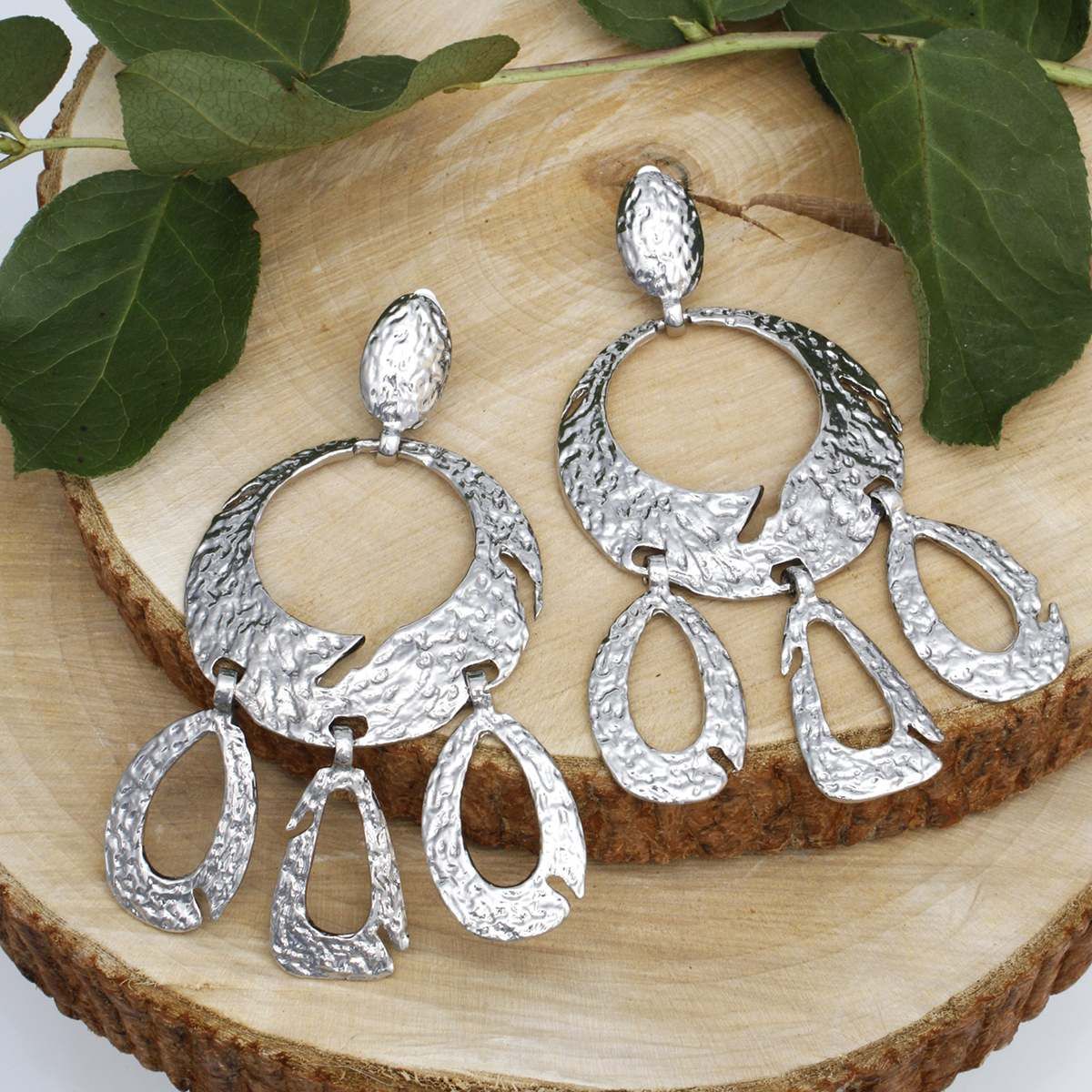 Hammered Silver Clip On Statement Earrings Extra Large Bold Drop