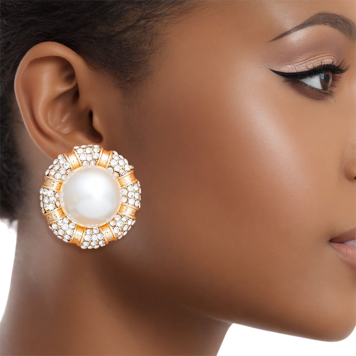 Cream Pearl Earrings with Rhinestone Gold Studs | Fashion Jewelry