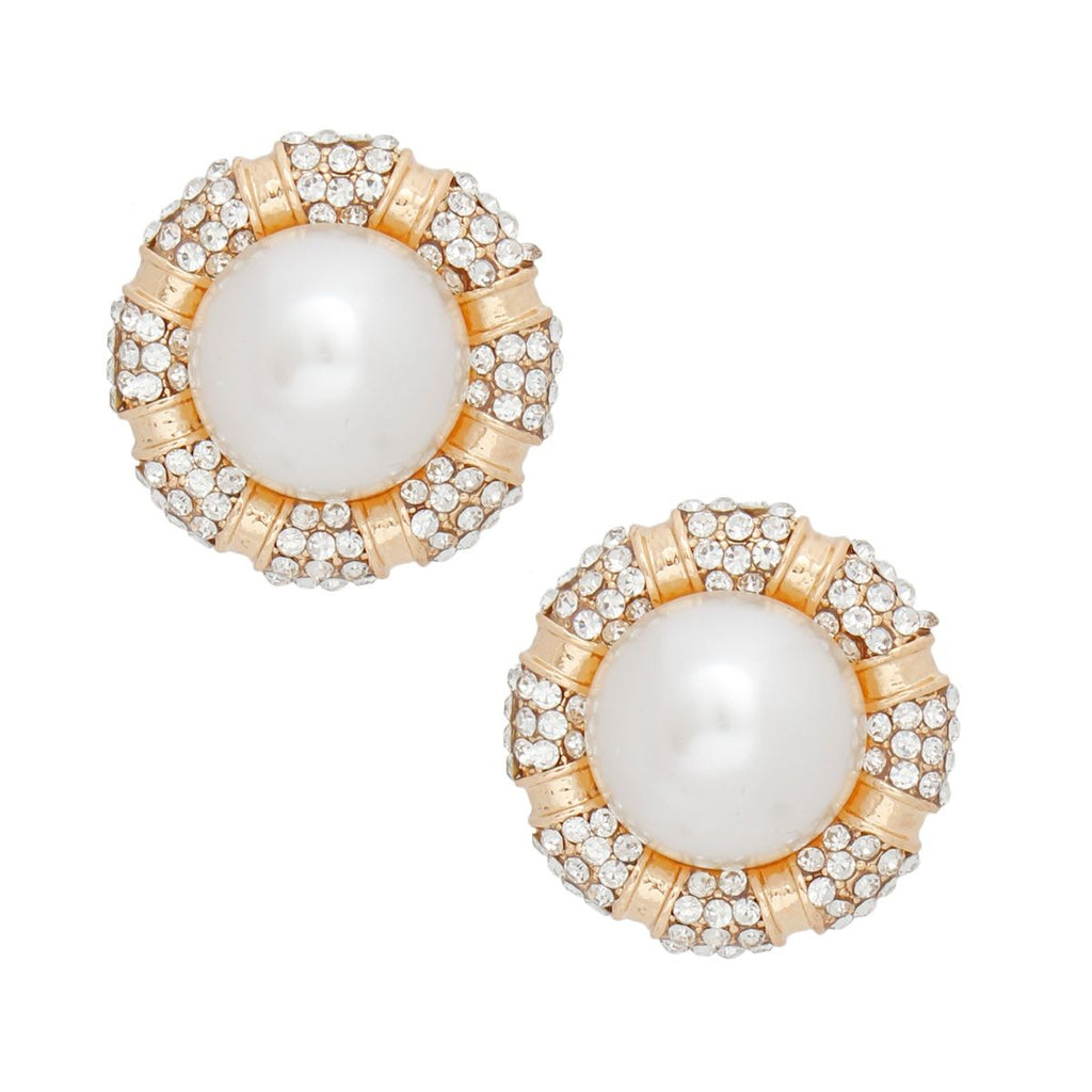 Cream Pearl Earrings with Rhinestone Gold Studs | Fashion Jewelry