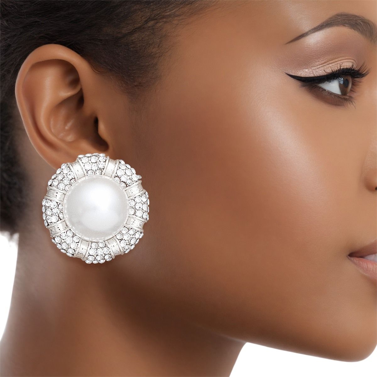White Pearl Earrings with Rhinestone Silver Studs | Fashion Jewelry