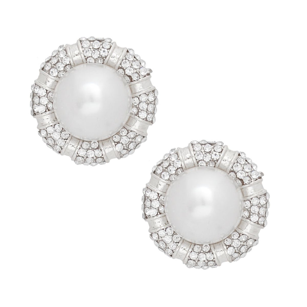 White Pearl Earrings with Rhinestone Silver Studs | Fashion Jewelry