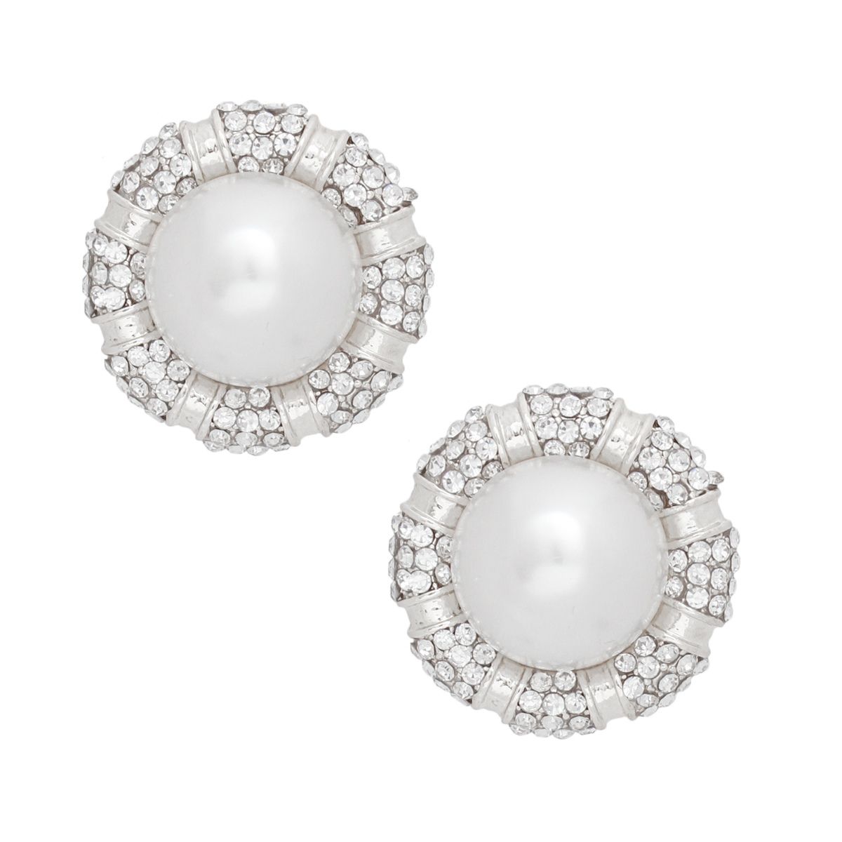 White Pearl Earrings with Rhinestone Silver Studs | Fashion Jewelry