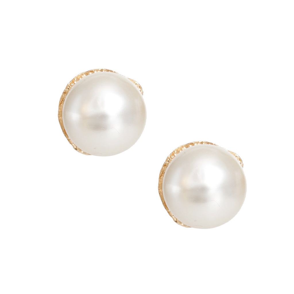 Cream Pearl Clip-On Earrings Textured Gold Tone Chunky Women’s Jewelry