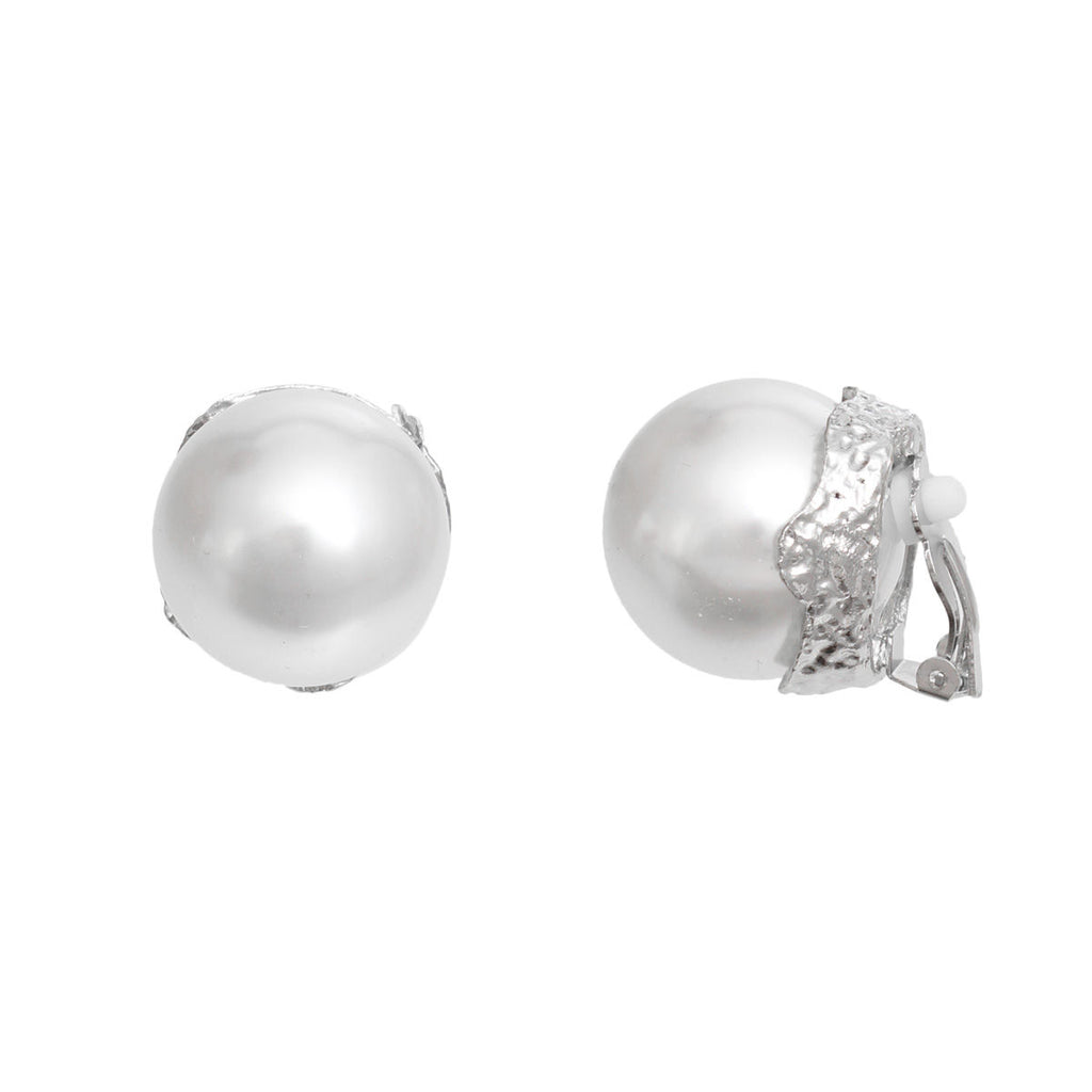 White Pearl Clip-On Earrings Textured Silver Tone Chunky Women’s Jewelry