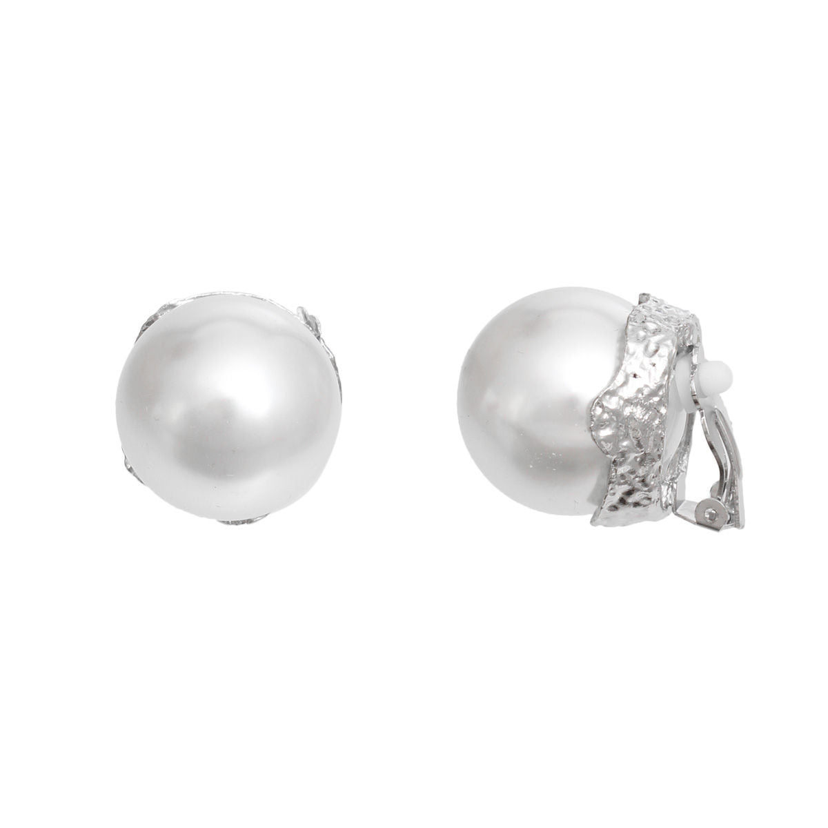 White Pearl Clip-On Earrings Textured Silver Tone Chunky Women’s Jewelry