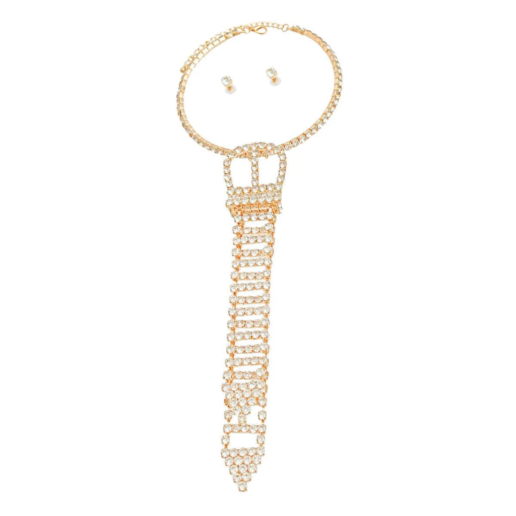 Gold Belt Choker Necklace Set with Rhinestone Stud Earrings