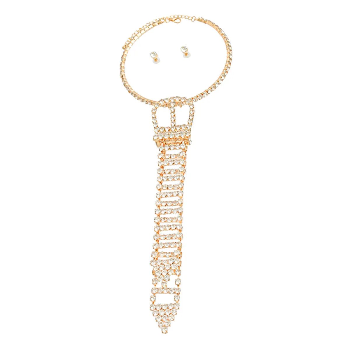 Gold Belt Choker Necklace Set with Rhinestone Stud Earrings