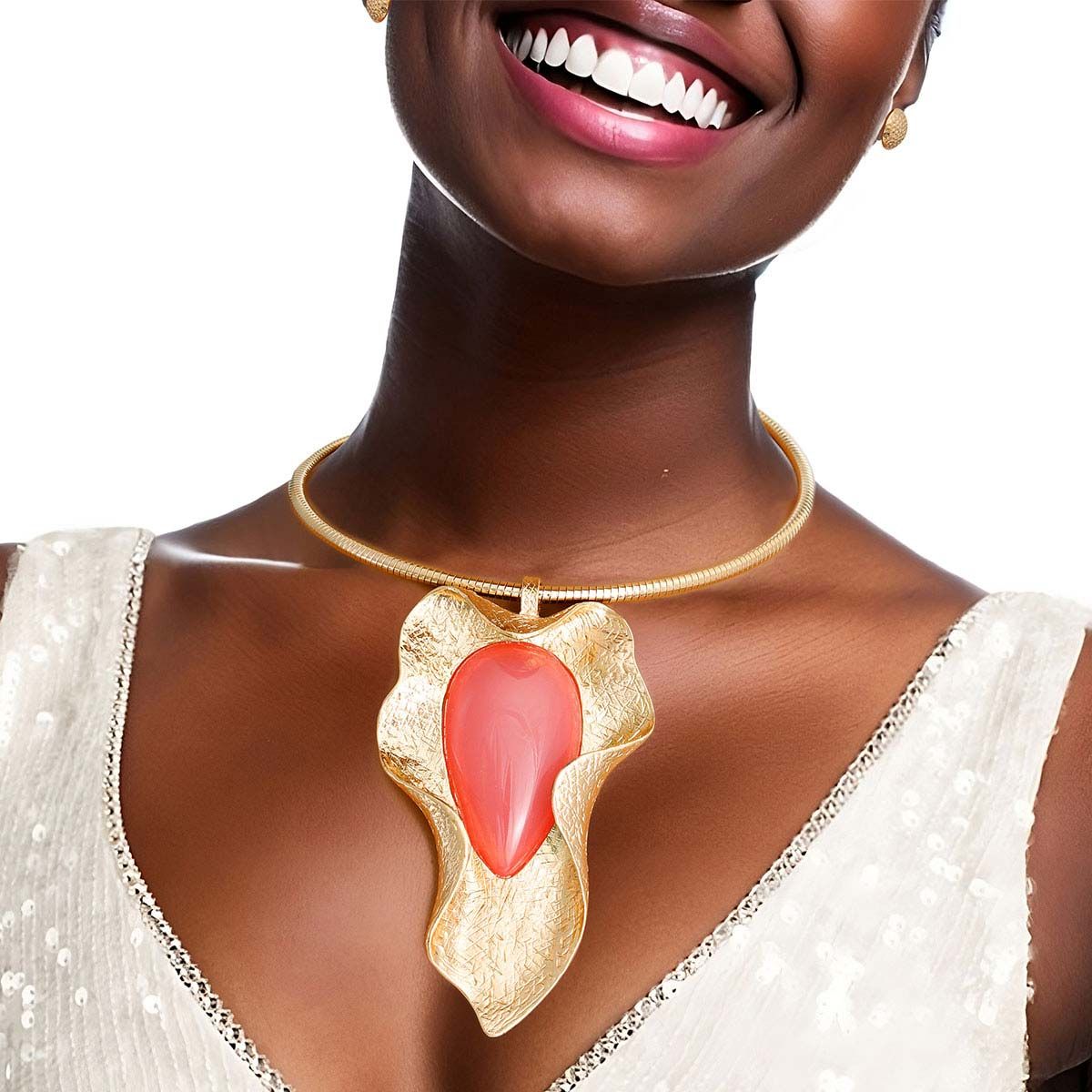 Gold Ribbed Rigid Collar Necklace Pink Resin Pendant Set