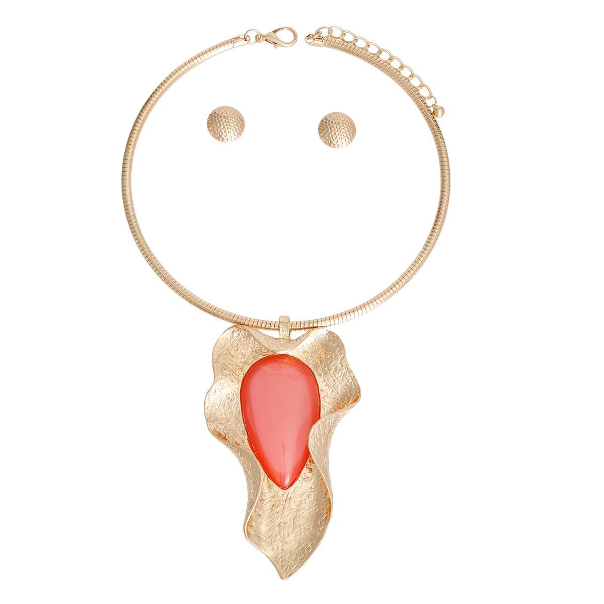 Gold Ribbed Rigid Collar Necklace Pink Resin Pendant Set