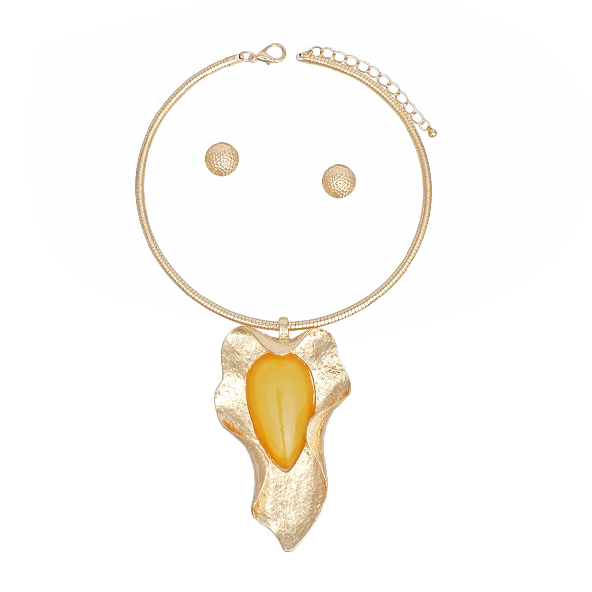 Gold Ribbed Rigid Collar Necklace Yellow Resin Pendant Set