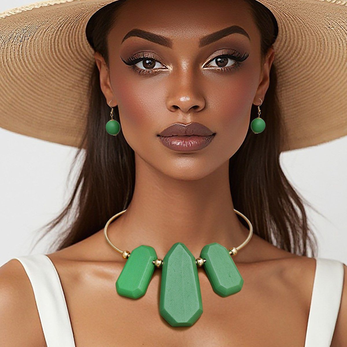 Gold Ribbed Collar Necklace with Green Wooden Bib and Earrings