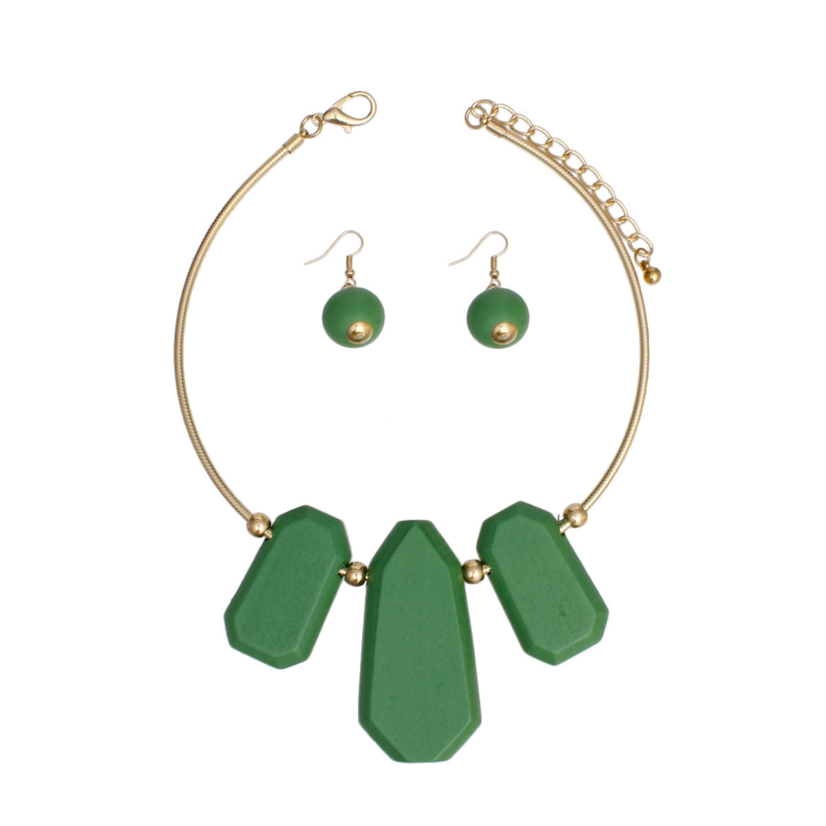 Gold Ribbed Collar Necklace with Green Wooden Bib and Earrings
