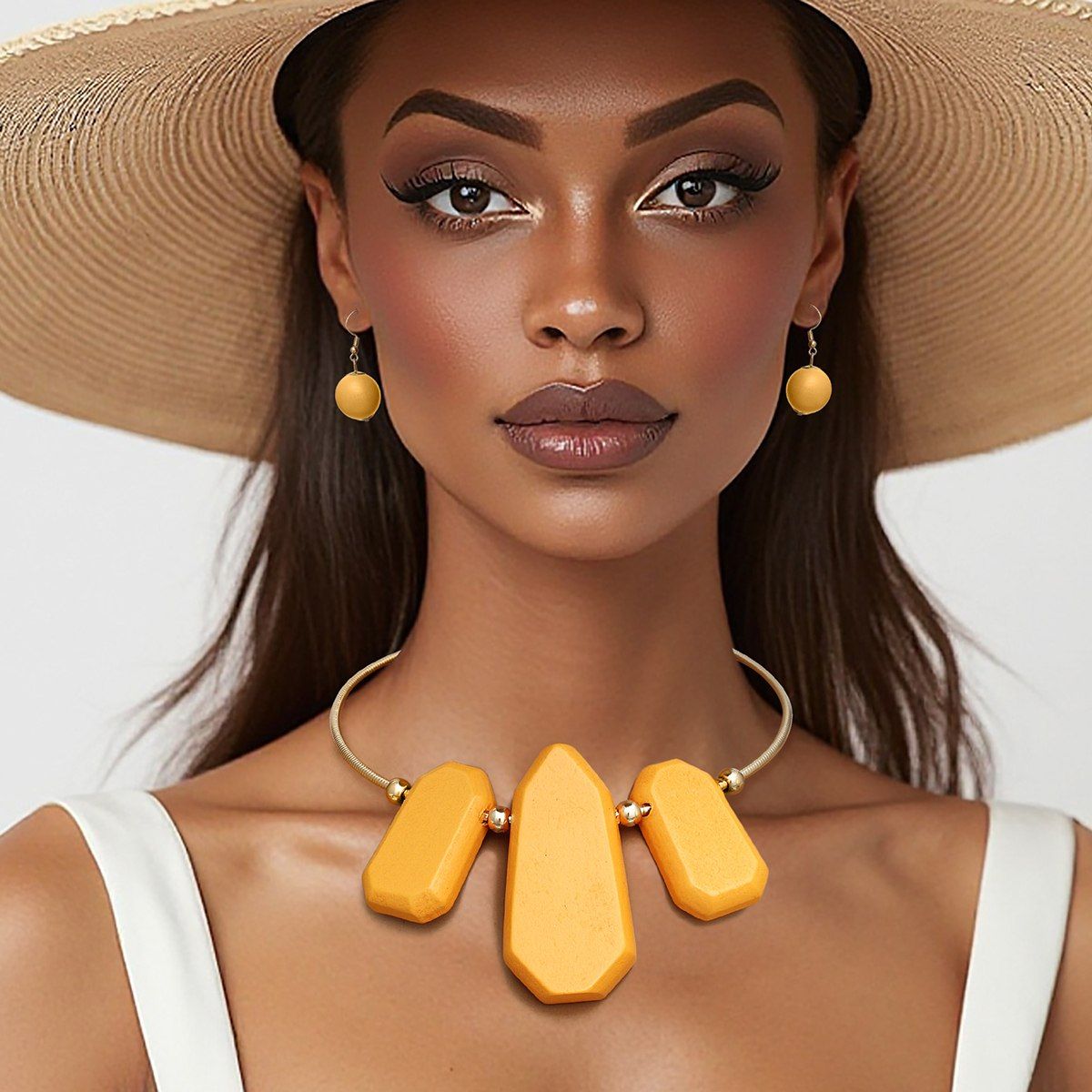 Gold Ribbed Collar Necklace with Orange Wooden Bib and Earrings