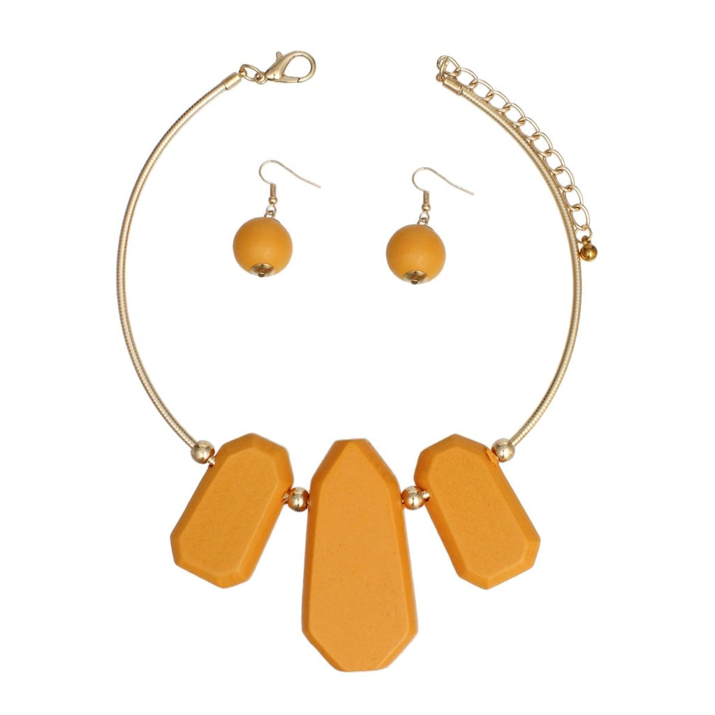 Gold Ribbed Collar Necklace with Orange Wooden Bib and Earrings