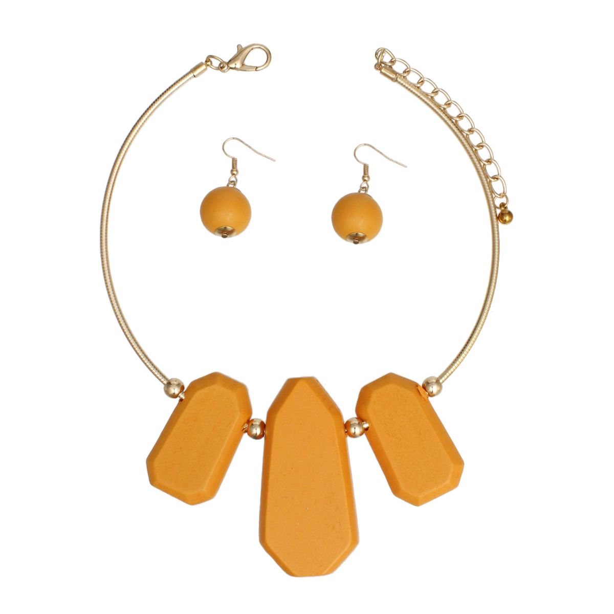 Gold Ribbed Collar Necklace with Orange Wooden Bib and Earrings