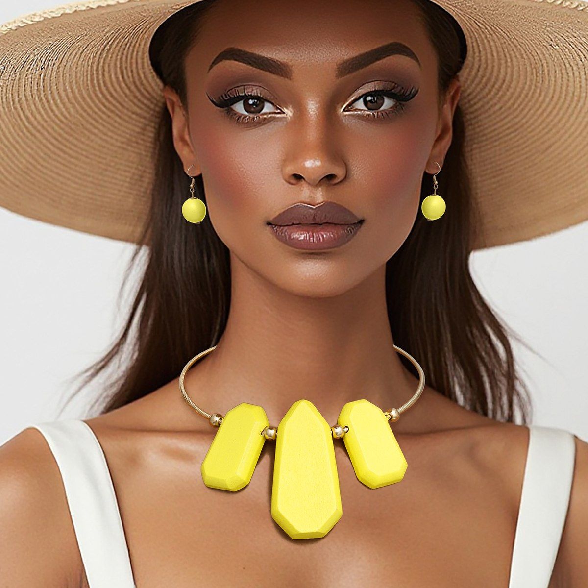 Gold Ribbed Collar Necklace with Yellow Wooden Bib and Earrings