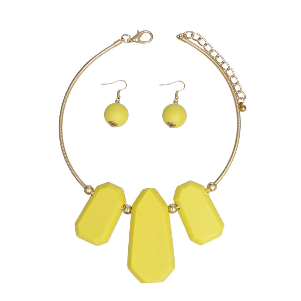 Gold Ribbed Collar Necklace with Yellow Wooden Bib and Earrings