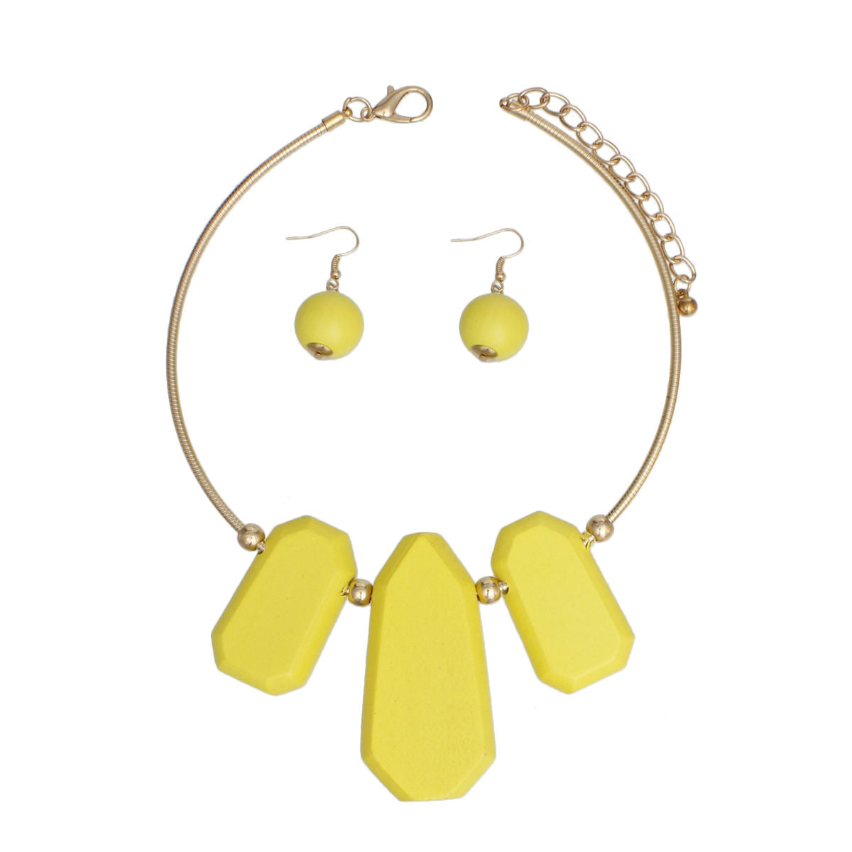 Gold Ribbed Collar Necklace with Yellow Wooden Bib and Earrings