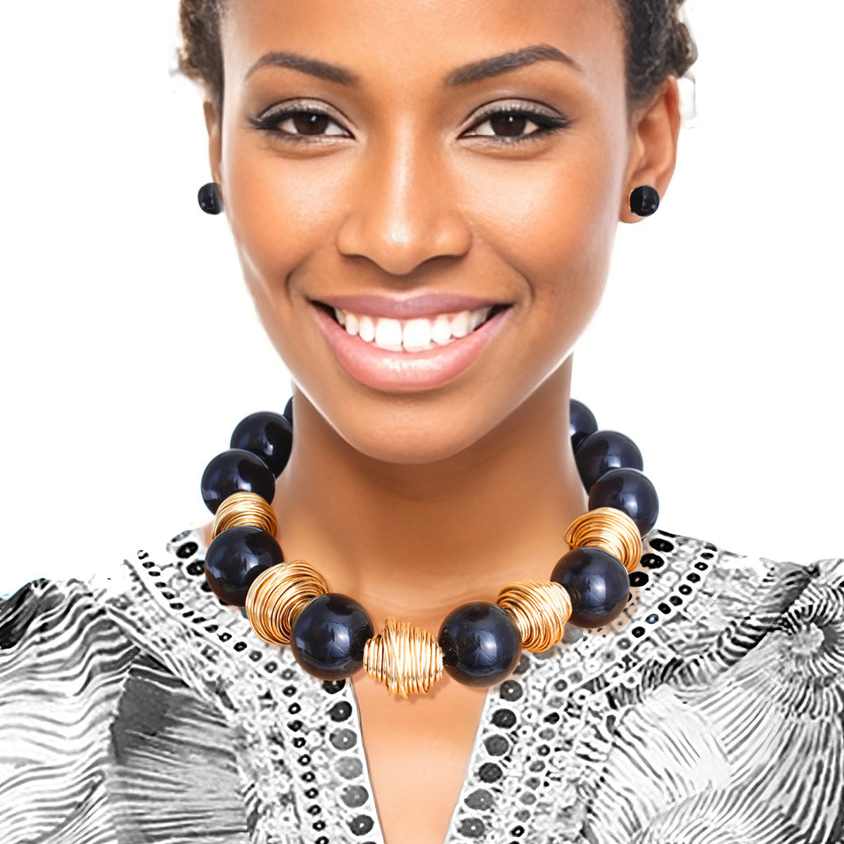Black Beaded Necklace Set Chunky Statement Fashion Jewelry