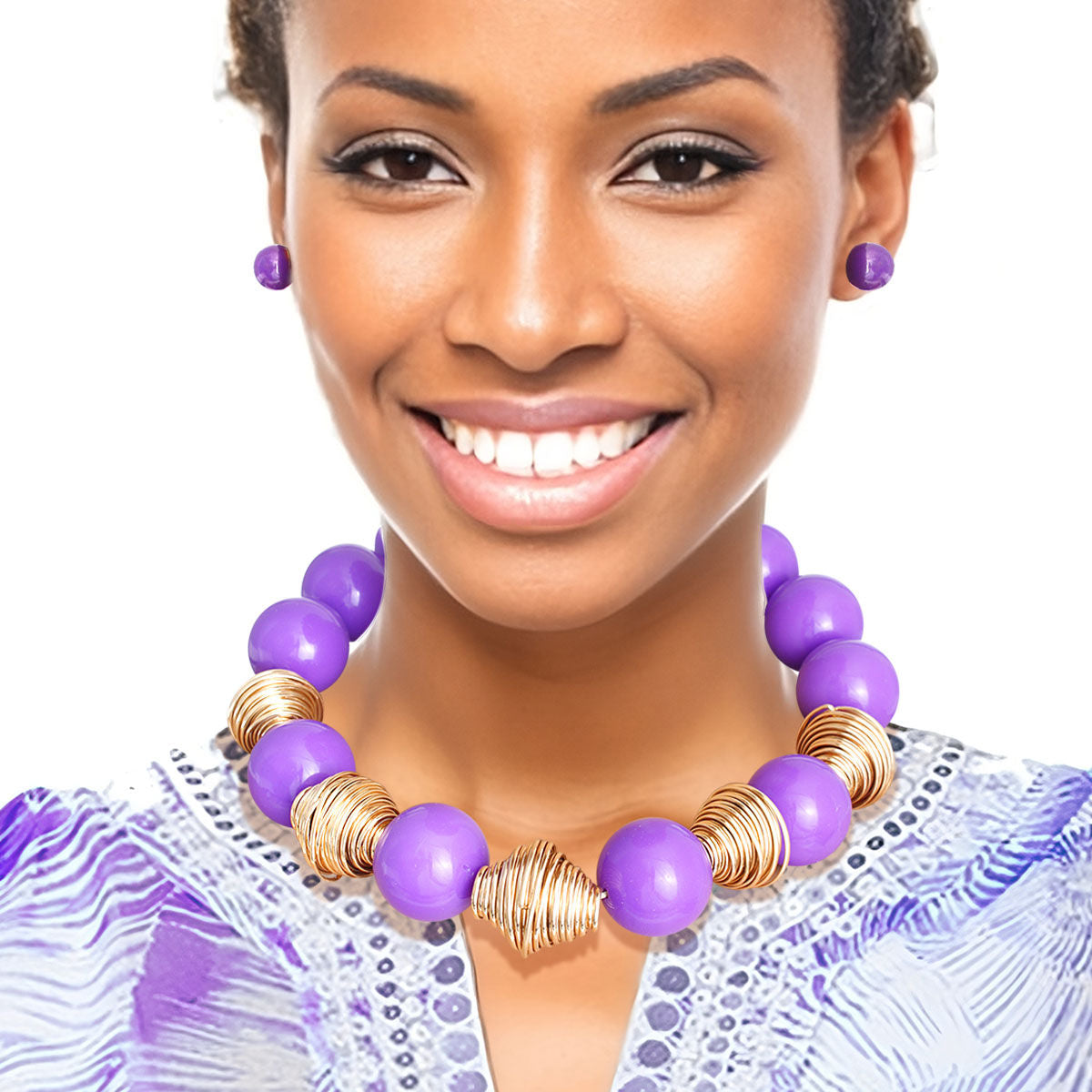 Purple Beaded Necklace Set Chunky Statement Fashion Jewelry