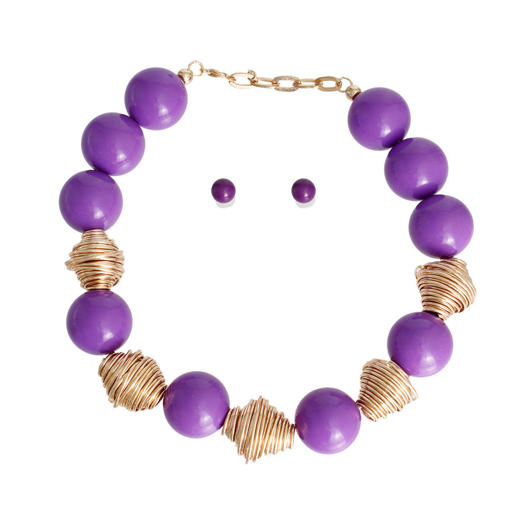 Purple Beaded Necklace Set Chunky Statement Fashion Jewelry
