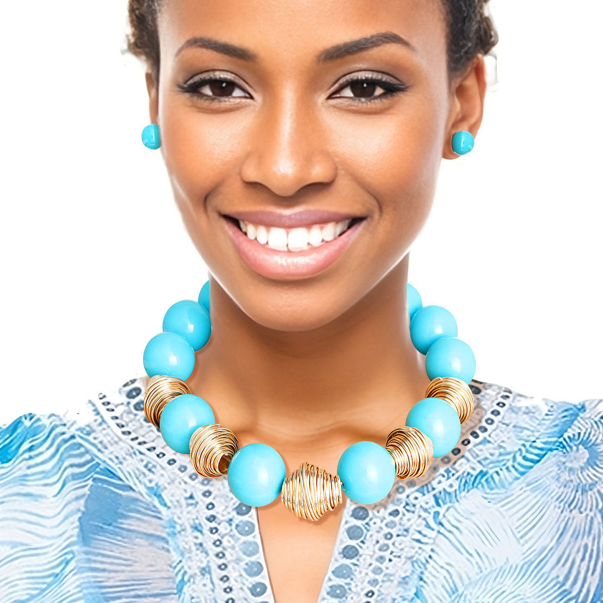 Blue=teal Beaded Necklace Set Chunky Statement Fashion Jewelry