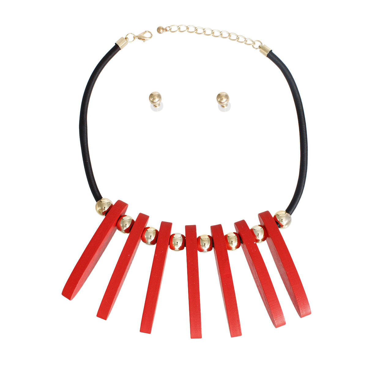 Red Wooden Bead Bib Necklace Gold Spacers Collar Set