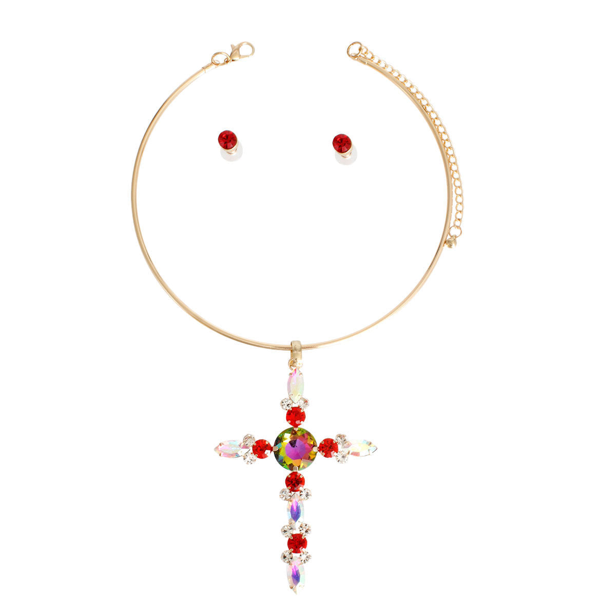 Jeweled Cross Necklace Set Aurora Borealis Crystals | Fashion Jewelry