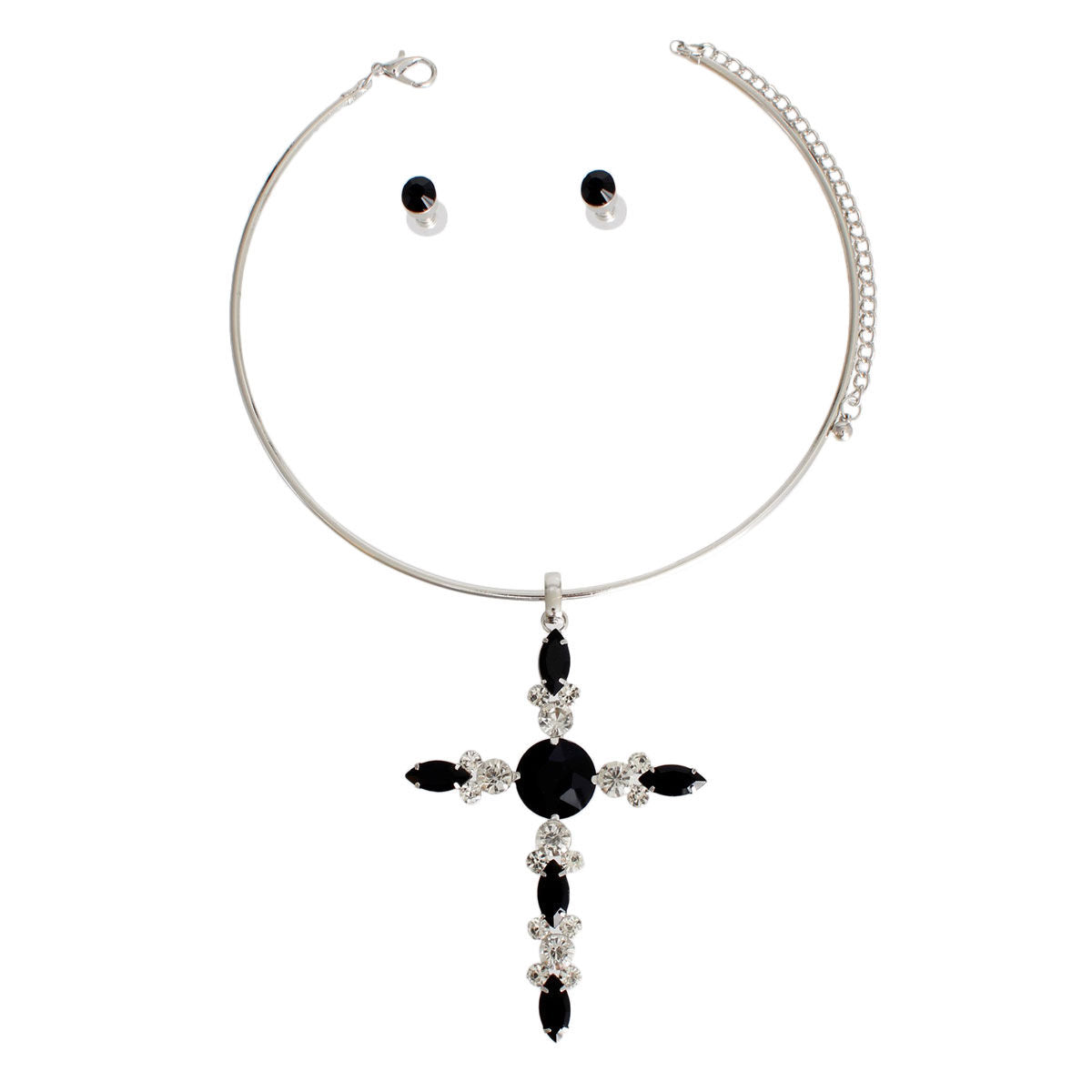 Jeweled Cross Necklace Set Black Crystals | Fashion Jewelry