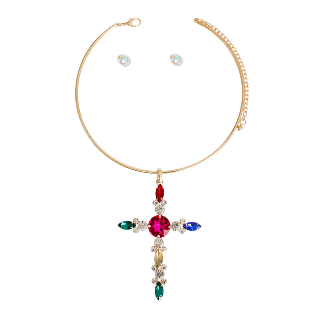 Jeweled Cross Necklace Set Multicolor Crystals | Fashion Jewelry