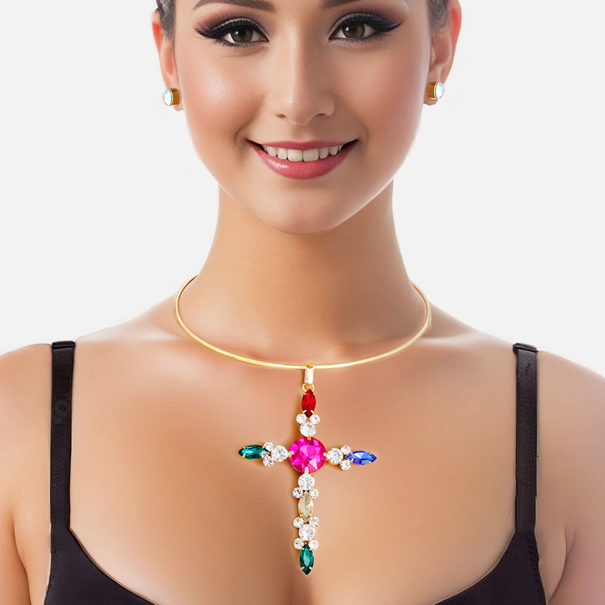 Jeweled Cross Necklace Set Multicolor Crystals | Fashion Jewelry
