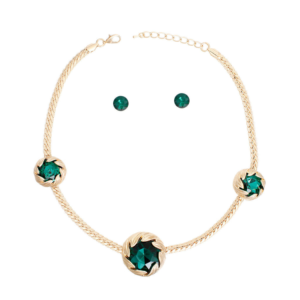 Gold Green Necklace Set Triple Leaf Design | Fashion Jewelry